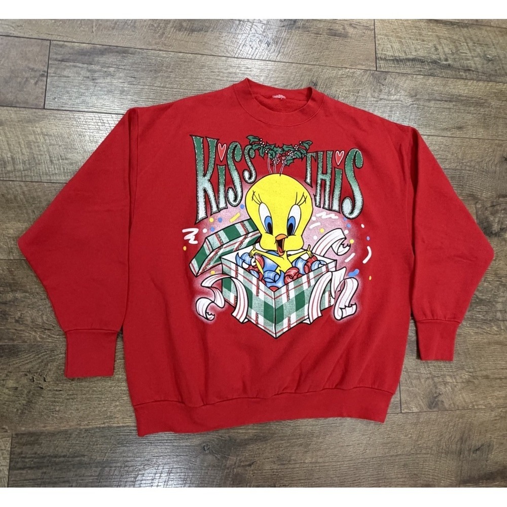 Vintage 90s Tweety Bird Looney Tunes Christmas Crewneck Sweatshirt Red XXL